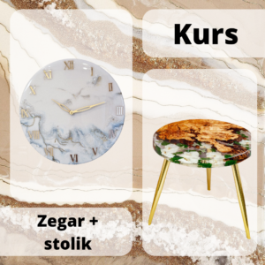 Kurs z żywicy epoksydowej, zegar, stolik z drewnem i kwiatami